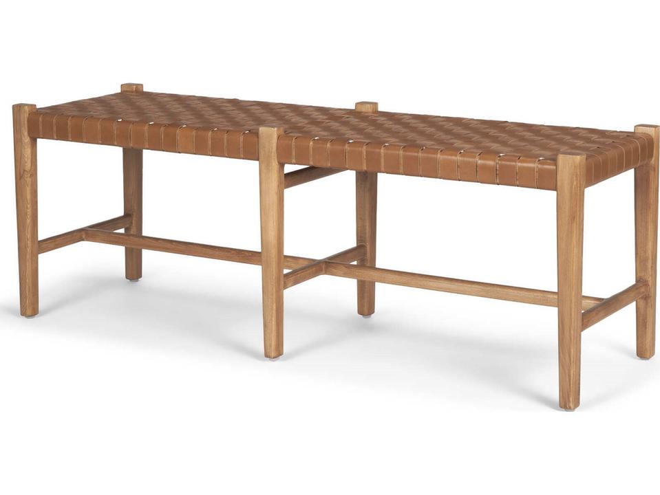Shane Accent Bench in Brown Wood with Woven Cognac Leather
