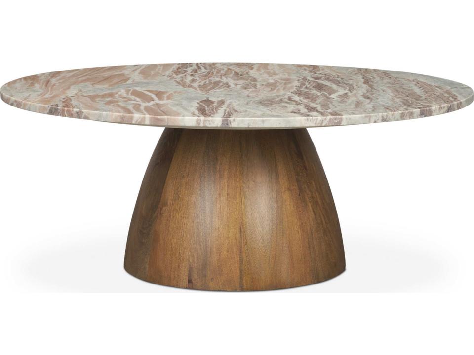 Allyson Round Pedestal Coffee Table with Pink Marble Top and Brown Wood Base