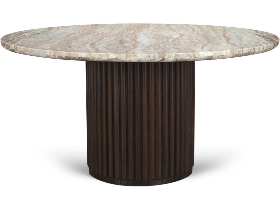 Marbrello 60" Pink Marble Top Espresso Brown Fluted Wood Round Dining Table