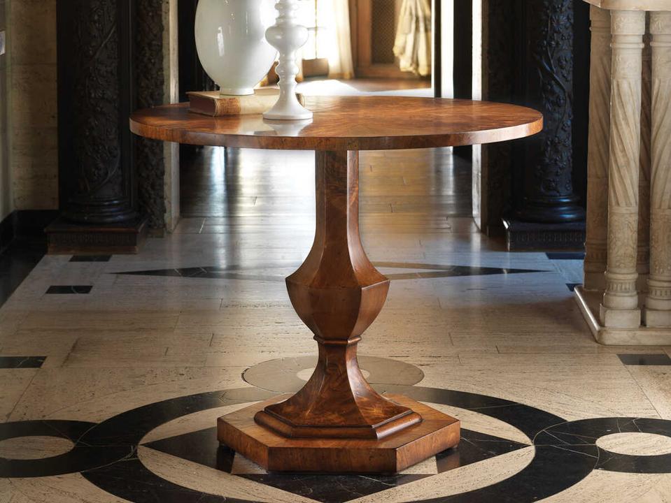 Walnut Round Wood End Table with Pie Crust Inlays
