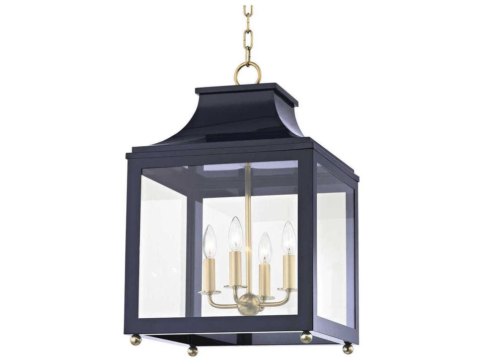 Leigh 4-Light Aged Brass Navy Blue Glass Candelabra Lantern Chandelier