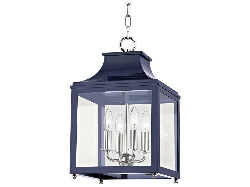Leigh 4-Light Lantern Pendant in Polished Nickel and Navy with Clear Glass Panels
