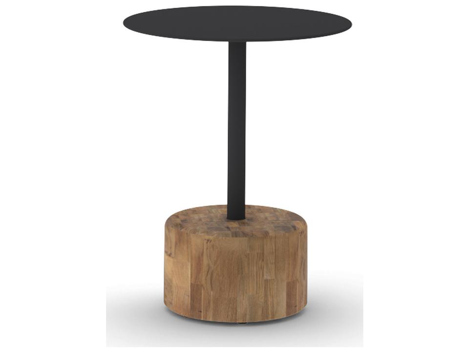 Glyph 16-Inch Round Outdoor End Table with Iron Black Laminated Teak Top