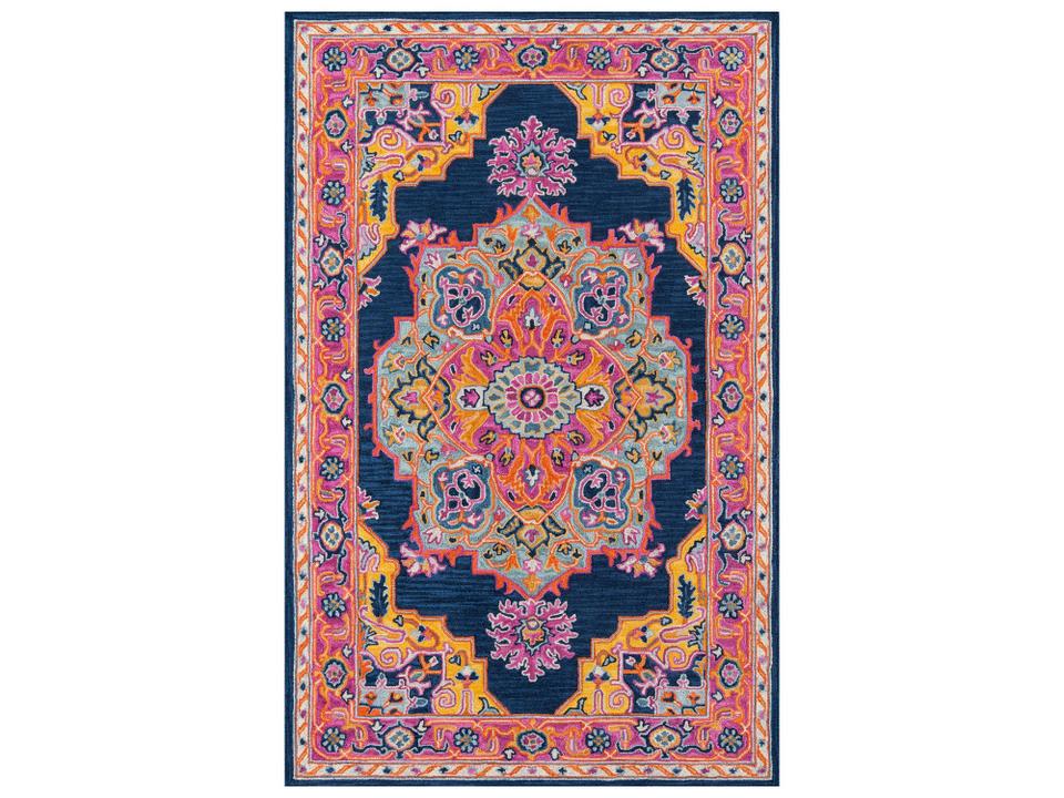 Ibiza Hand Tufted Wool Area Rug in Navy with Traditional Medallion Pattern