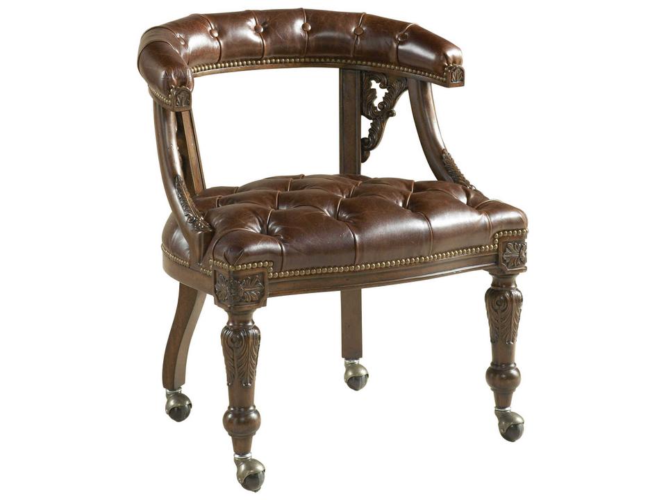 Gentry Carved Napoleon Brown Leather Game Chair with Brass Accents