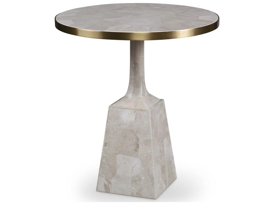 Stone Pedestal Occasional End Table in White Fossil Stone and Brass