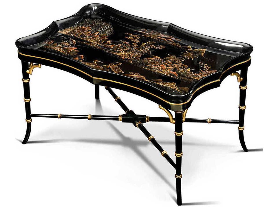 Chinoiserie Rectangular Wood Cocktail Table with Hand Painted Tray