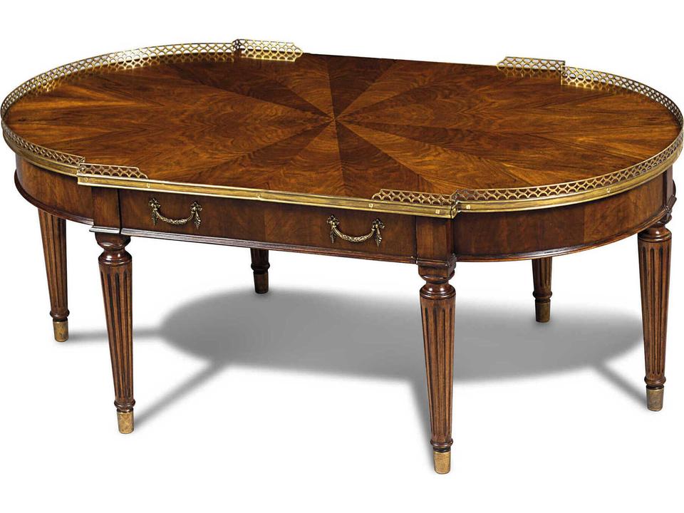 Starboard Oval Crotch Crown Walnut Cocktail Table with Brass Accents