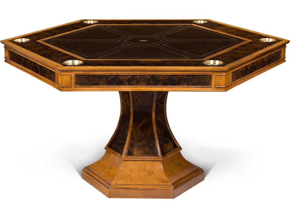 Blade Hexagonal Game Table in Burl Walnut Ash and Tooled Leather