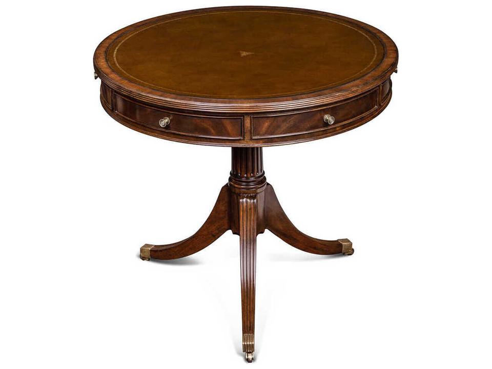 Maitland-Smith Flank Round End Table in Crotch Mahogany Leather and Brass