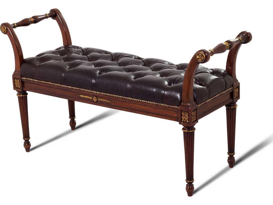 Auter Hand-Carved Mahogany Accent Bench with Antique Brown Leather