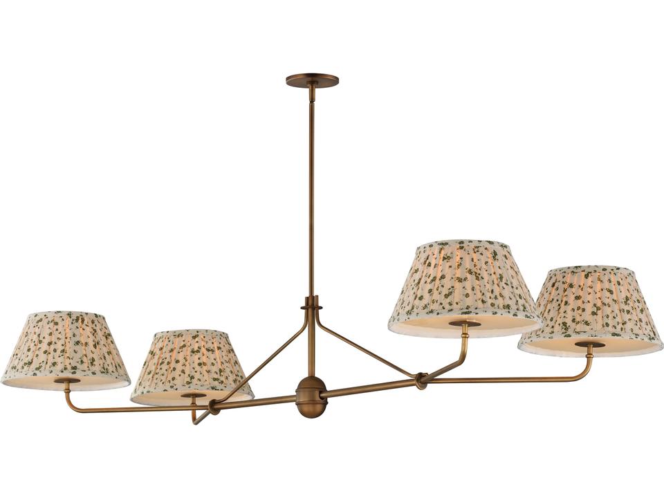 Dunbridge 4-Light Linear Chandelier in Weathered Brass with Off-White Fabric Shades