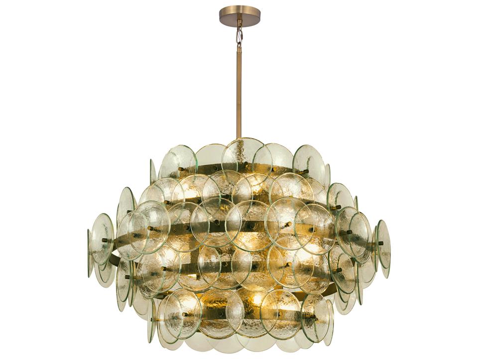 Loren 12-Light Chandelier in Weathered Brass with Green Vintage Glass