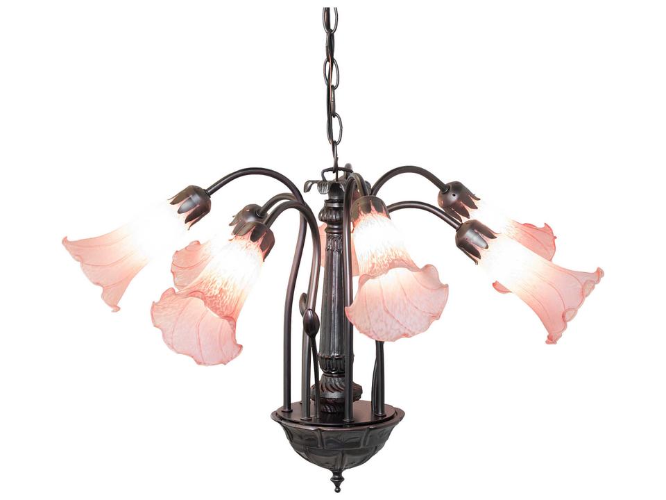 Pond Lily 7-Light Chandelier with Pink Art Glass Shades and Mahogany Bronze Finish