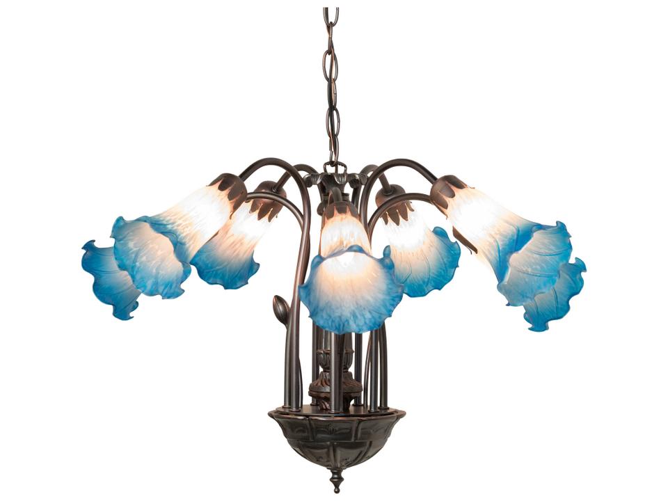 Tiffany 7-Light Pink Blue Tiffany Pond Lily Chandelier in Mahogany Bronze