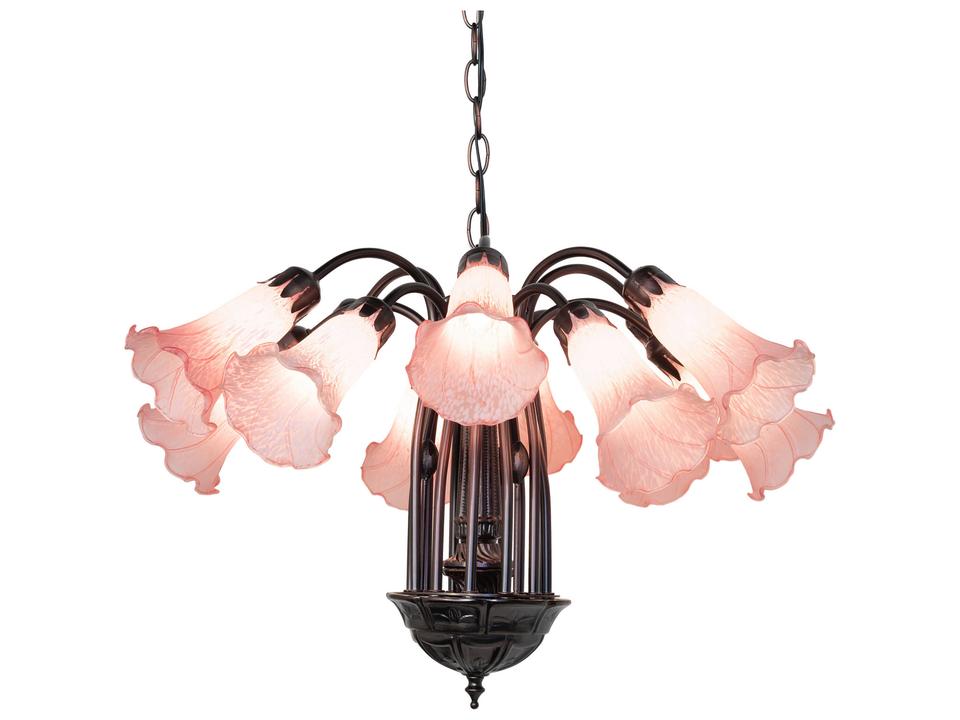 Pond Lily 12-Light Chandelier in Mahogany Bronze with Pink Art Glass