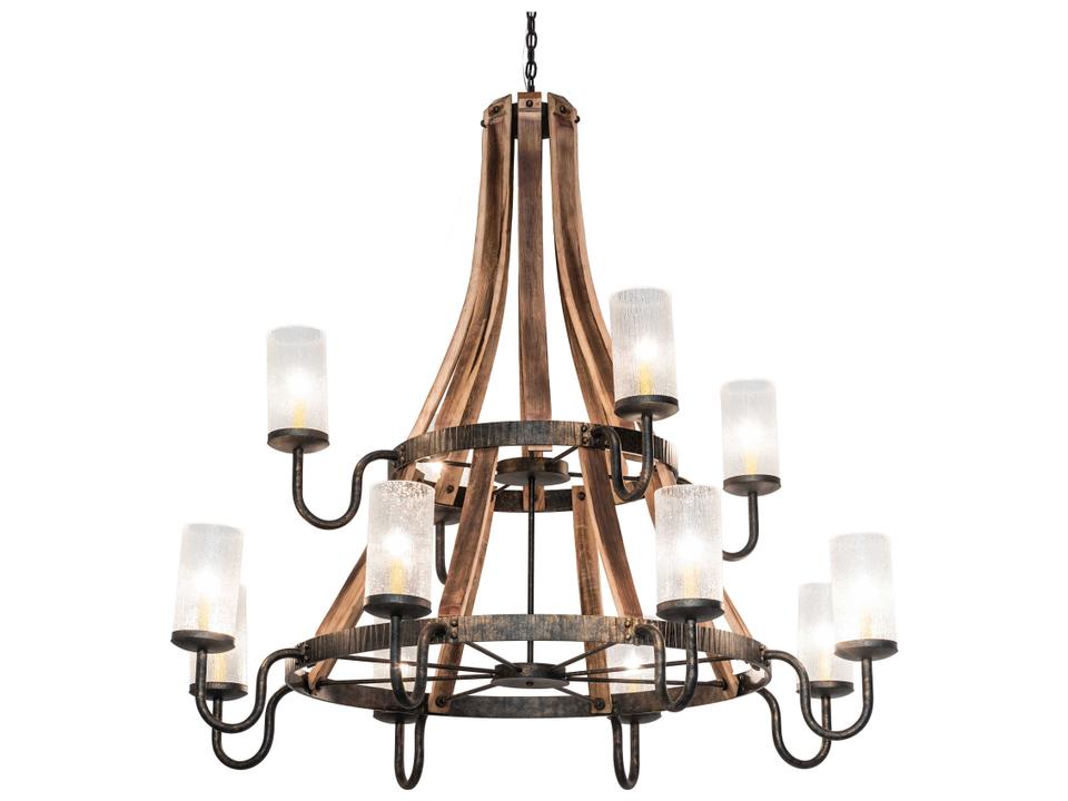 Barrel Stave 12-Light Natural Wood Crystal Cylinder Chandelier