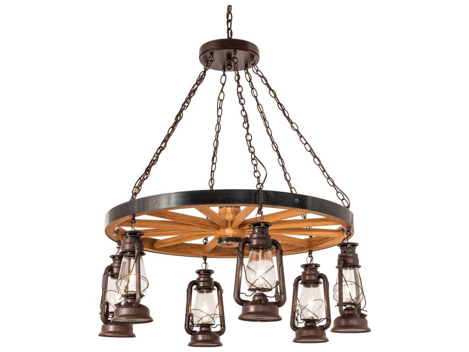 Miners Lantern Wagon Wheel 6-Light Chandelier in Rust Black with Natural Wood