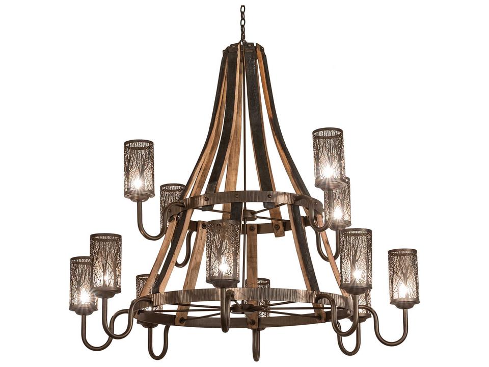Barrel Stave 12-Light Winter Maple Tiered Chandelier in Bronze and Charred Wood