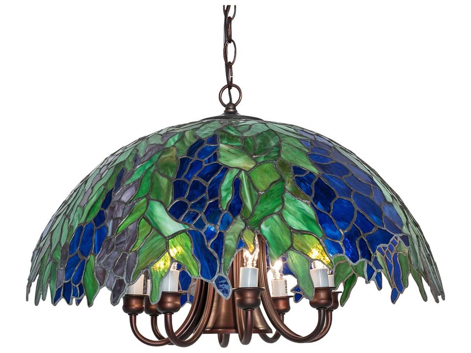 Honey Locust 9-Light Mahogany Bronze Stained Glass Chandelier