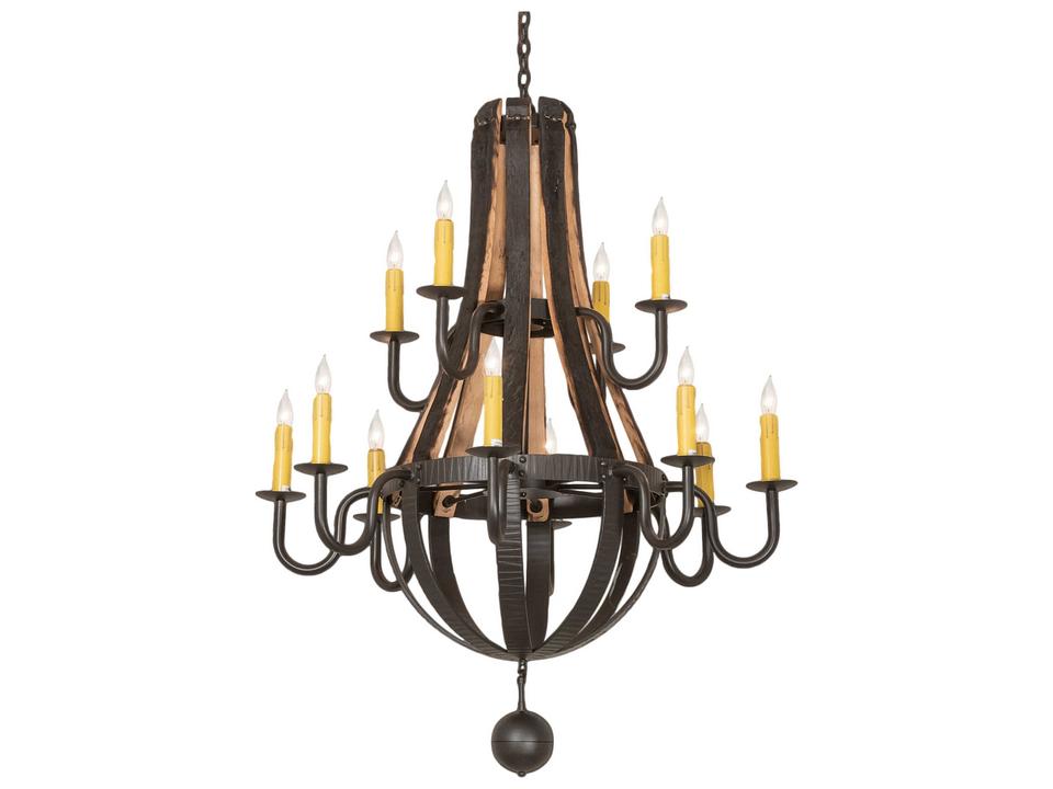 Barrel Stave 12-Light Wrought Iron Wood Candelabra Chandelier