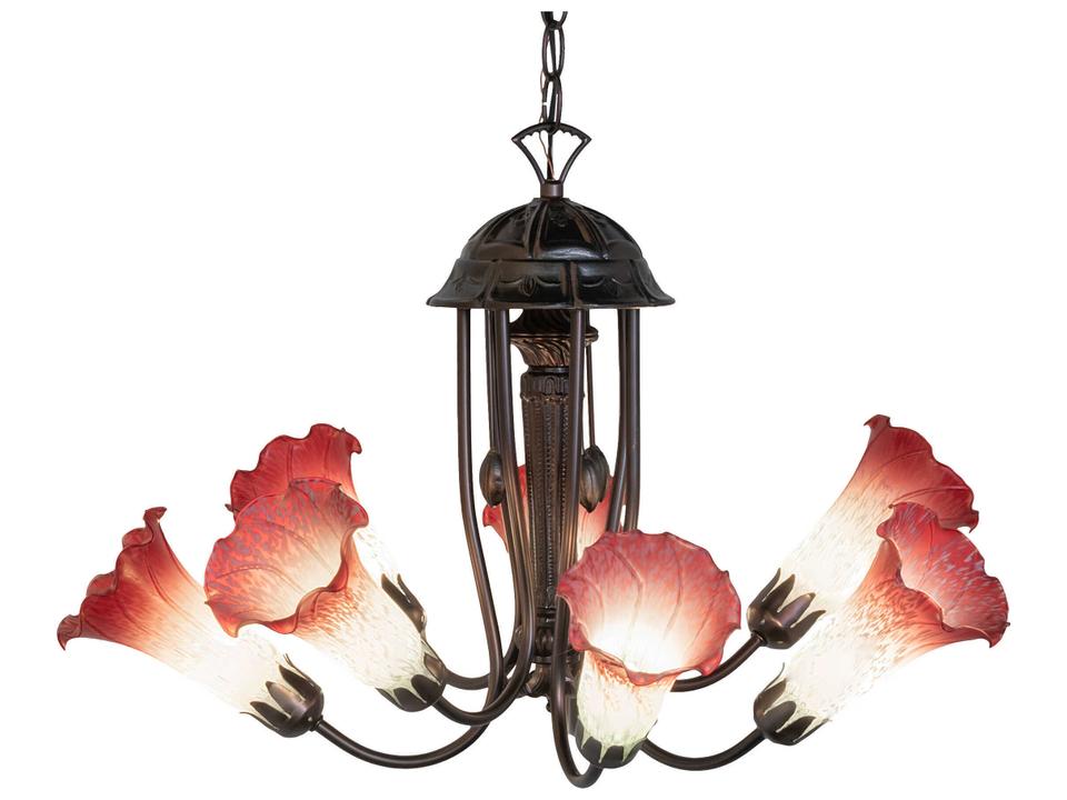 Pond Lily 7-Light Chandelier with Pink Glass Bell Shades in Mahogany Bronze