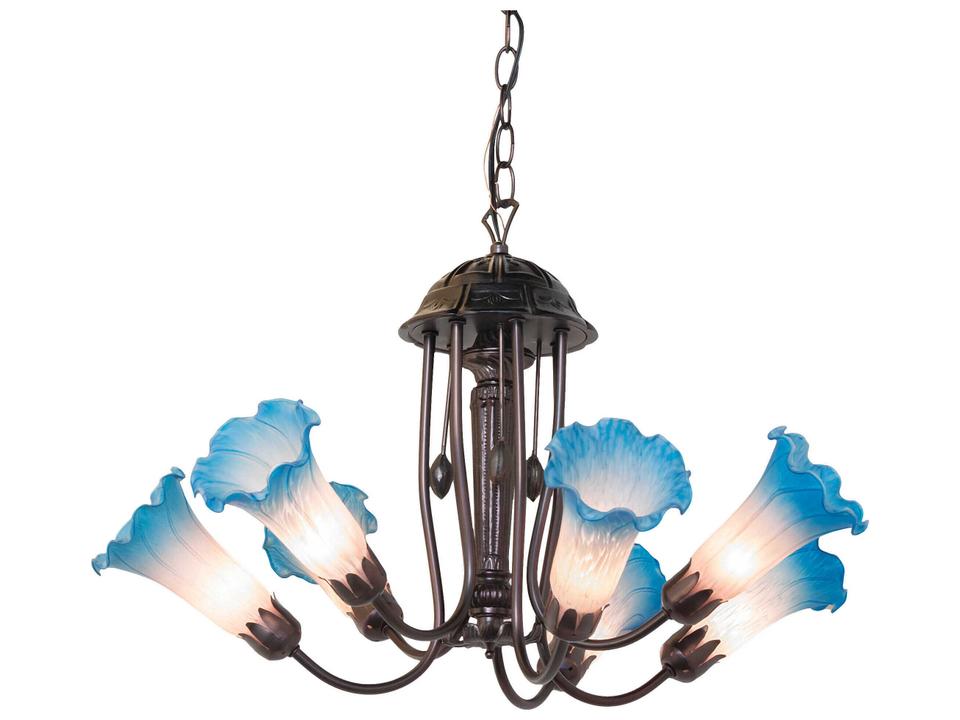 Tiffany 7-Light Pink and Blue Pond Lily Chandelier in Mahogany Bronze