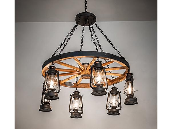 Tiffany Miners Lantern 6-Light Natural Wood Wrought Iron Chandelier