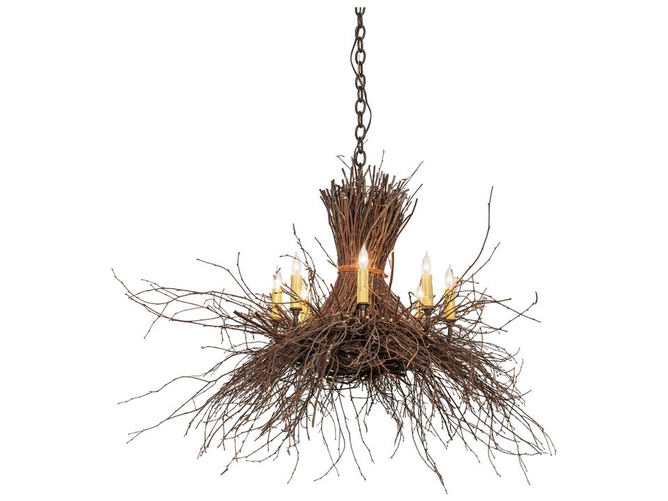Twigs 8-Light Candelabra Chandelier in Antique Copper and Natural Wood