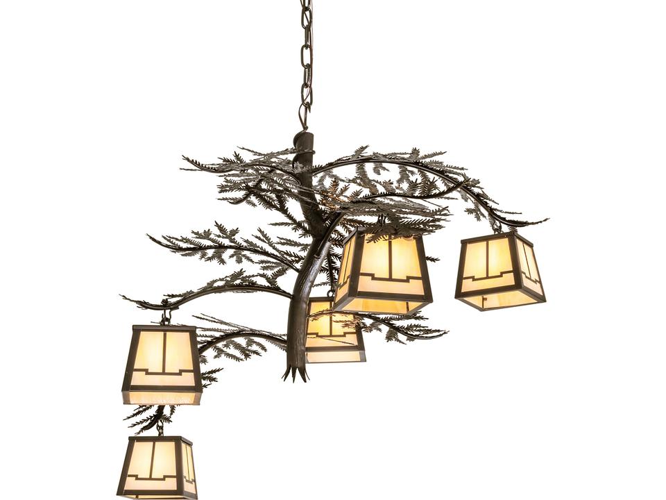 Tiffany Pine Branch 5-Light Craftsman Brown Chandelier with Beige Art Glass