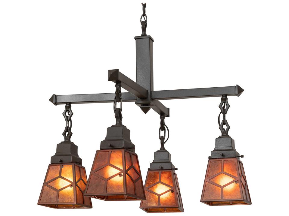 4-Light Bungalow Mission Chandelier with Amber Mica Shades in Mahogany Bronze