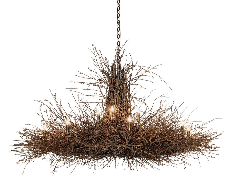 Twigs 12-Light Chandelier in Antique Copper Brown with White Linen Shades