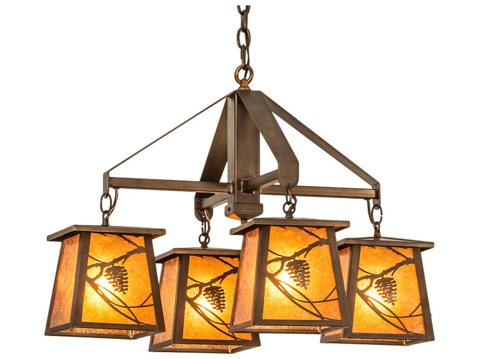 Whispering Pines 4-Light Lantern Chandelier in Antique Copper with Amber Mica