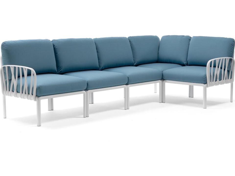Komodo 5-Piece Modular Resin Outdoor Sectional Sofa in Bianco with Adriatic Cushions