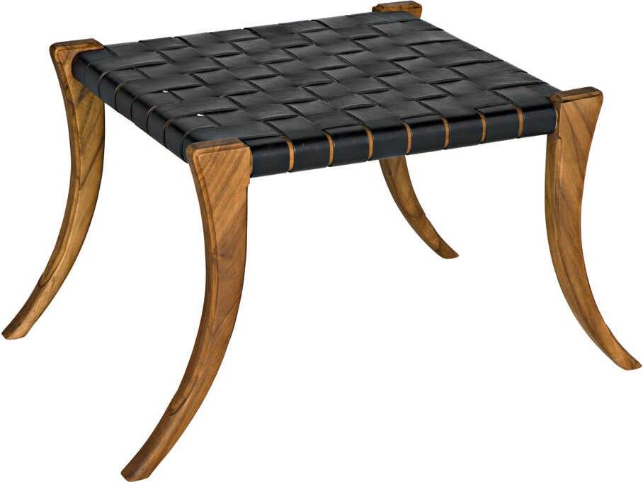 Sparti Black Leather Teak Accent Stool with Clear Coat Flat Finish