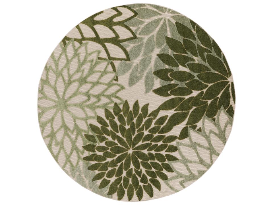 Aloha Round Indoor Outdoor Area Rug Ivory Green Floral Pattern