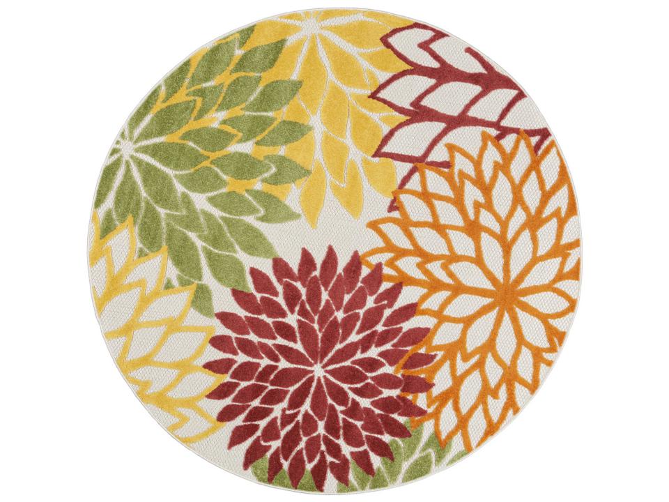 Aloha ALH05 Round Floral Indoor Outdoor Rug in Red Multi-Colored