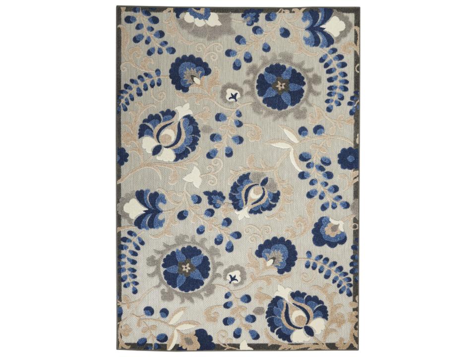 Aloha Floral Polypropylene Indoor Outdoor Area Rug in Natural Blue