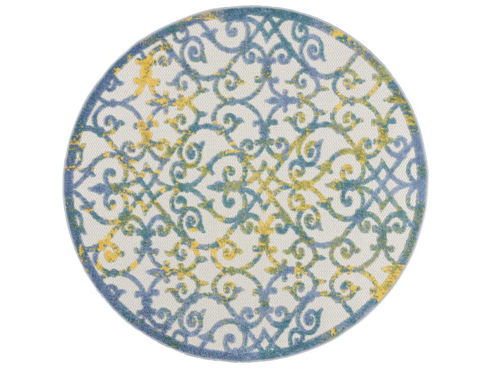 Aloha ALH21 Ivory Blue Indoor Outdoor Runner Rug with Scrolling Floral Design