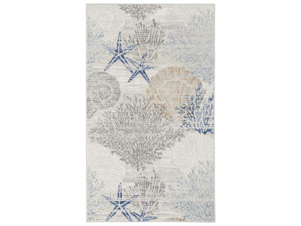 Seaside Coastal Area Rug with Coral and Seashell Motifs in Ivory Grey Blue