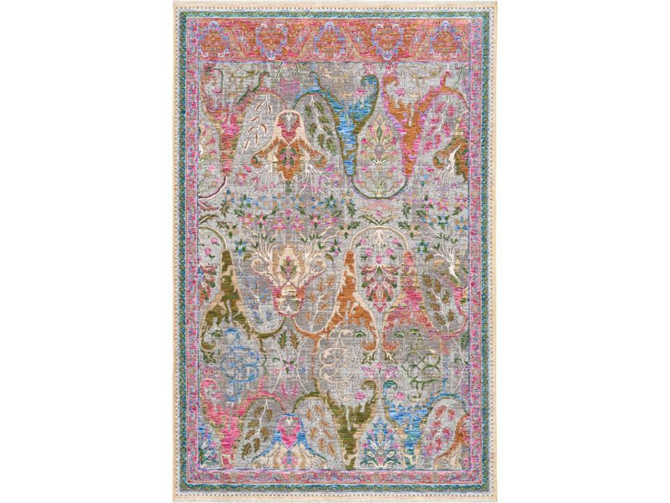 Vintage Harmony Bordered Area Rug with Soft Sheen and Fringe Edges
