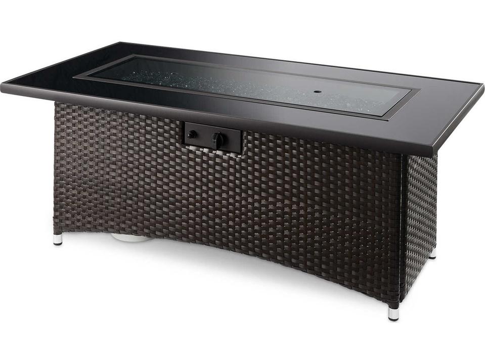 Montego Linear Gas Fire Pit Table Balsam Wicker Black Glass Top