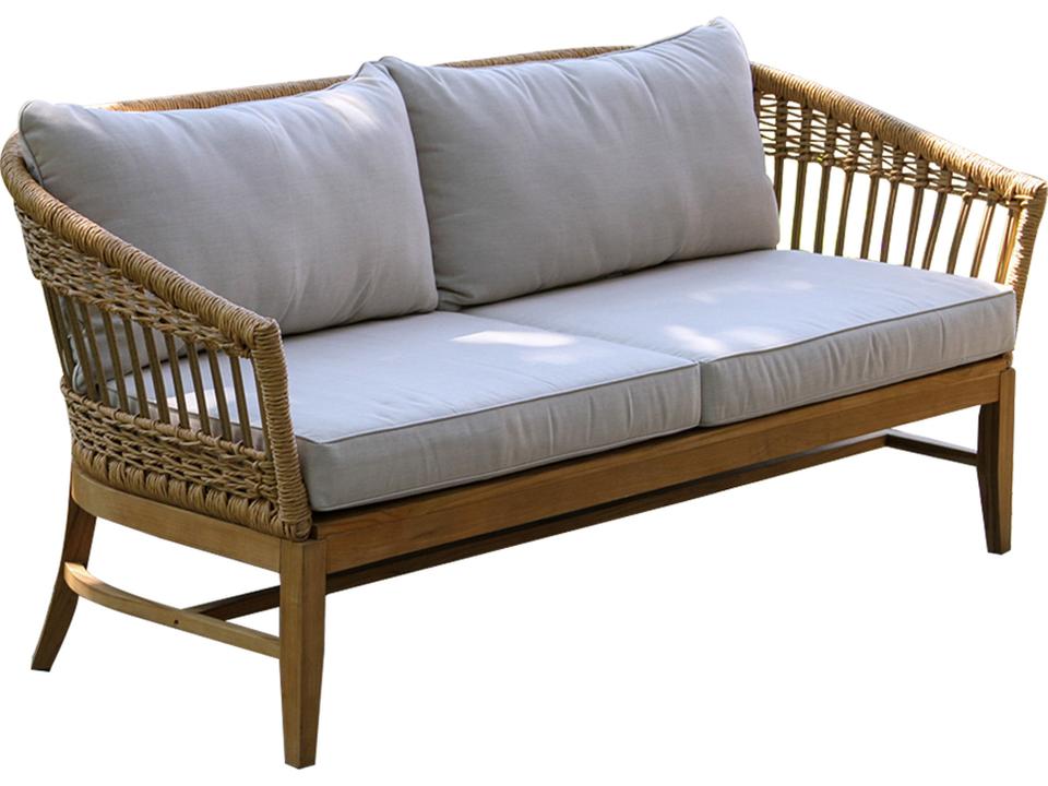 Bohemian Teak and Wicker Outdoor Loveseat Sofa with Sunbrella Cushions