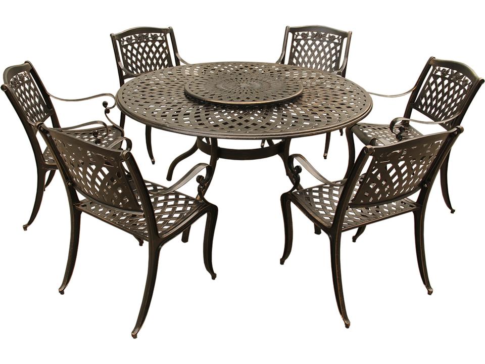 Rose Cast Aluminum 59-Inch Round Dining Set with Six Chairs Bronze