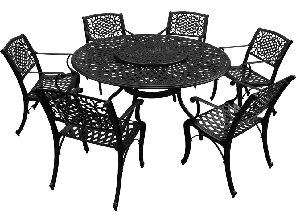 Modern Aluminum 59'' Large Black Round Outdoor Dining Set with Lazy Susan and Six Chairs