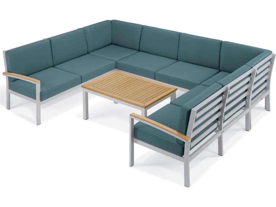 Travira 7-Piece Modular Aluminum Outdoor Sectional in Flint with Ice Blue Cushions