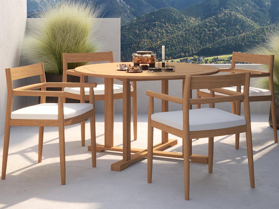 Lido Teak 5 Piece Outdoor Dining Set with Sunbrella Bliss Linen Cushions