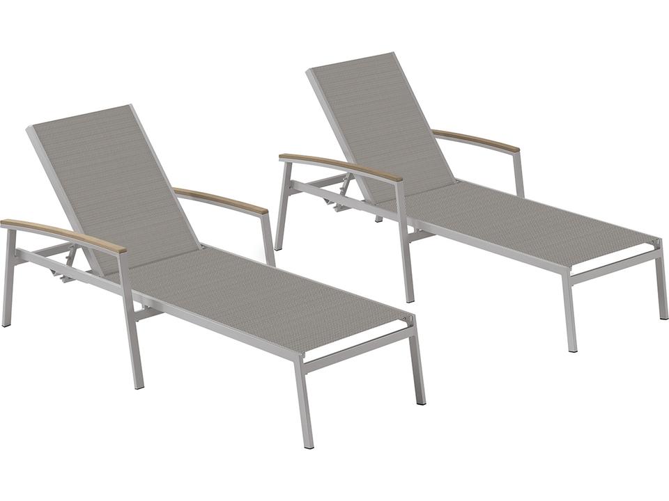 Travira Aluminum Flint Stackable Patio Chaise Lounge with Titanium Sling and Vintage Teakwood Arm Caps Set of 2