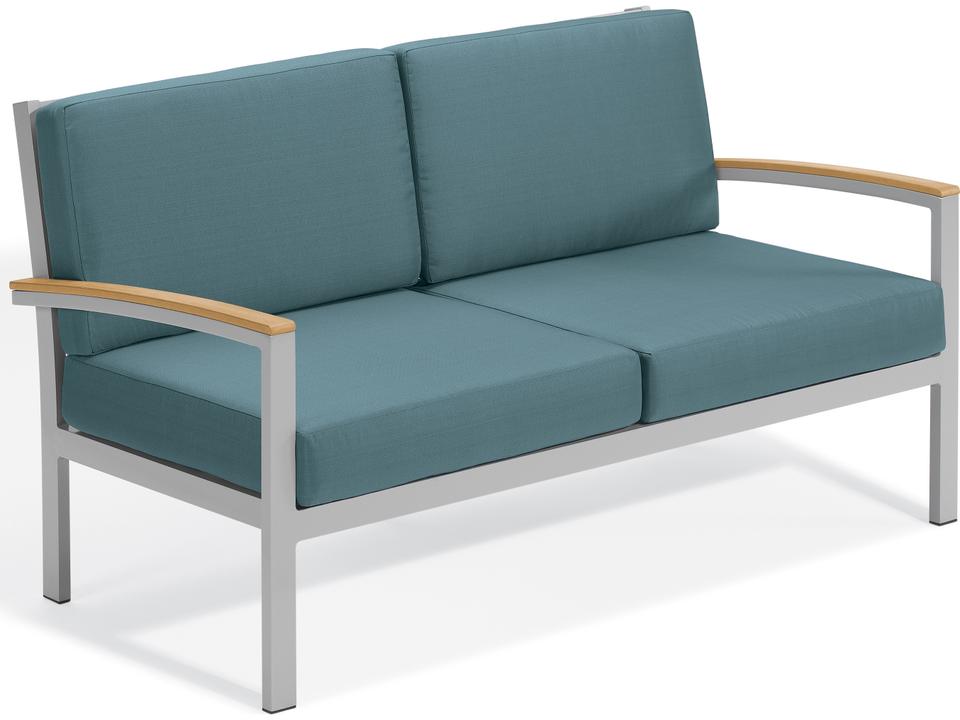 Travira Aluminum Outdoor Loveseat with Ice Blue Cushions