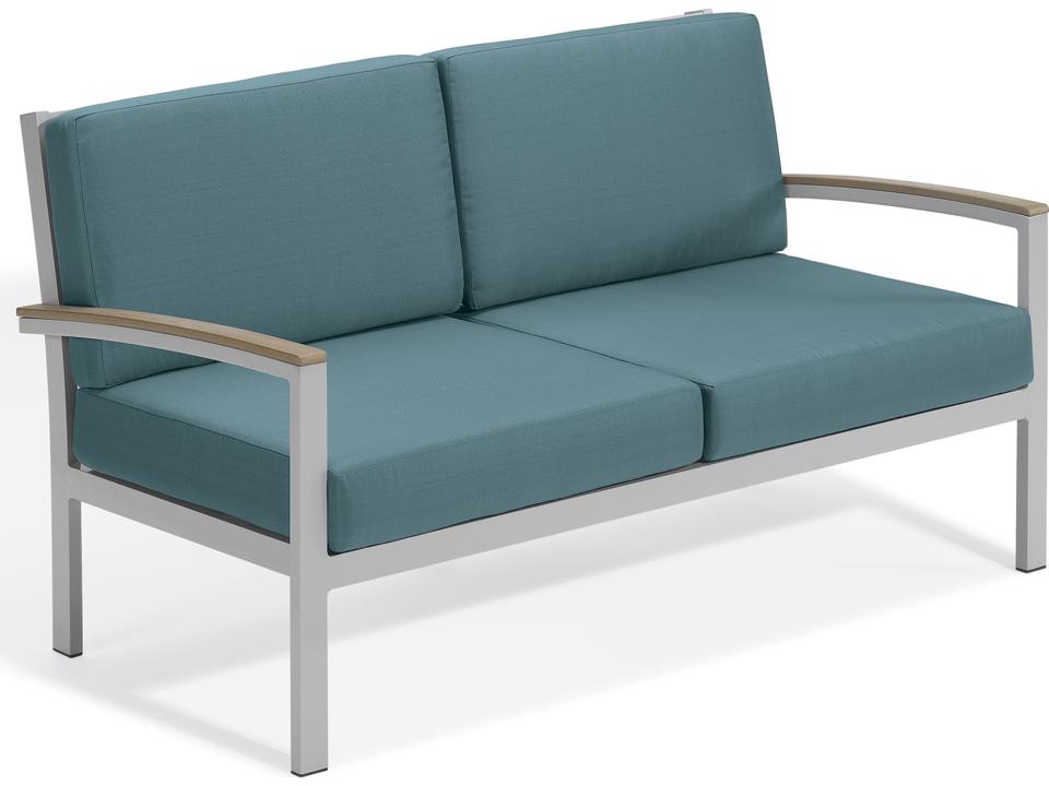 Travira Outdoor Loveseat with Aluminum Frame and Ice Blue Cushions